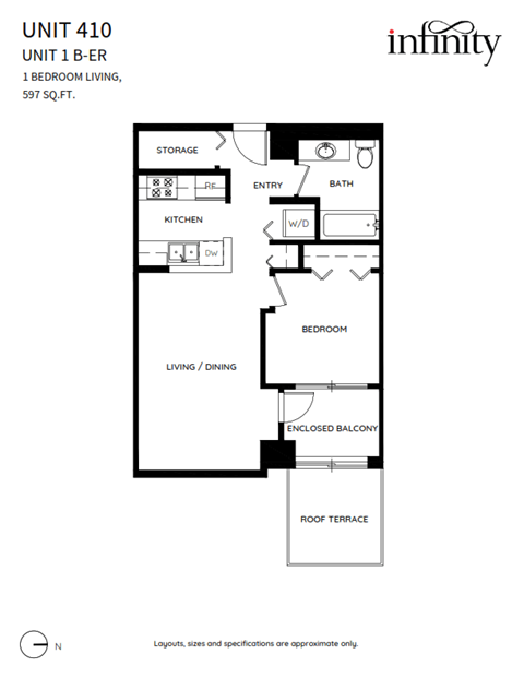 Floor plan for 1 bed, 1 bath